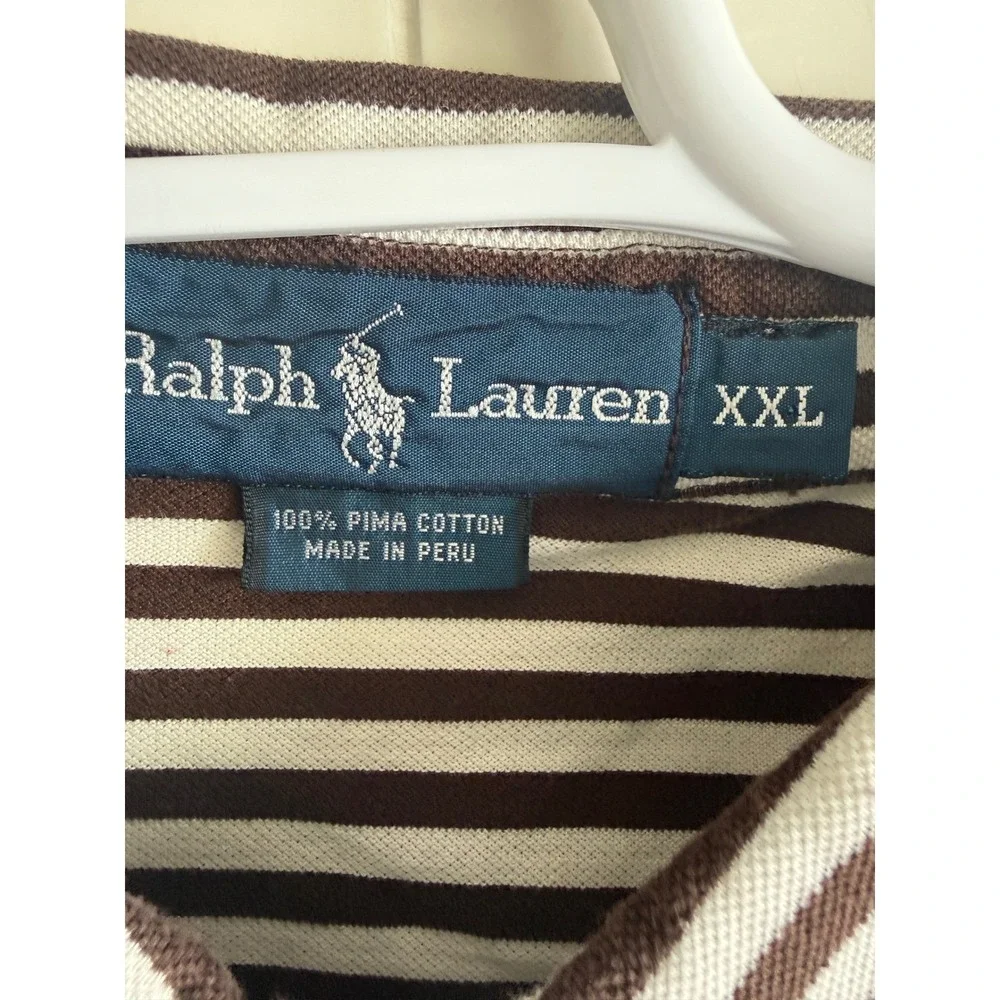 Ralph Lauren Brown White Striped Pima Cotton Polo Shirt Mens XXL Pocket Logo